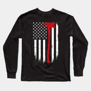 Firefighter Axe Thin Red Line American Flag Long Sleeve T-Shirt